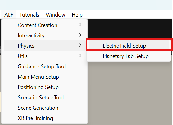 ALF menu with Physics > Electric Field Setup highlighted
