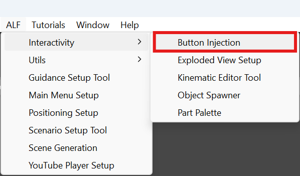 ALF > Interactivity menu with Button Injection highlighted
