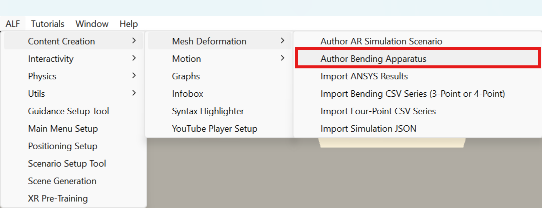 ALF menu with Mesh Deformation > Author Bending Apparatus highlighted