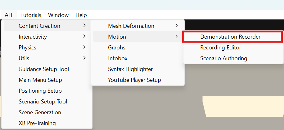 ALF menu with Content Creation > Motion > Demonstration Recorder highlighted