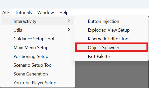 ALF > Interactivity menu with Object Spawner highlighted