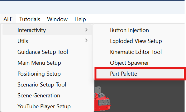 ALF > Interactivity menu with Part Palette highlighted