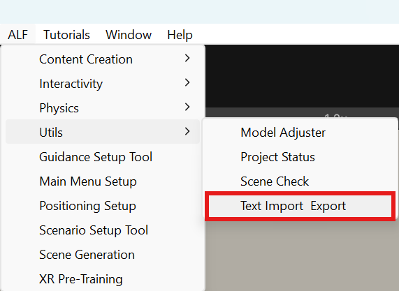 ALF menu with Utils > Text Import &amp; Export highlighted