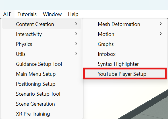 ALF menu with YouTube Player Setup highlighted