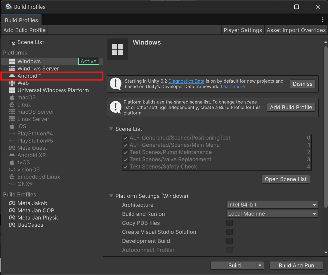 The Build Profiles window with Windows active and Android highlighted in the Platforms list
