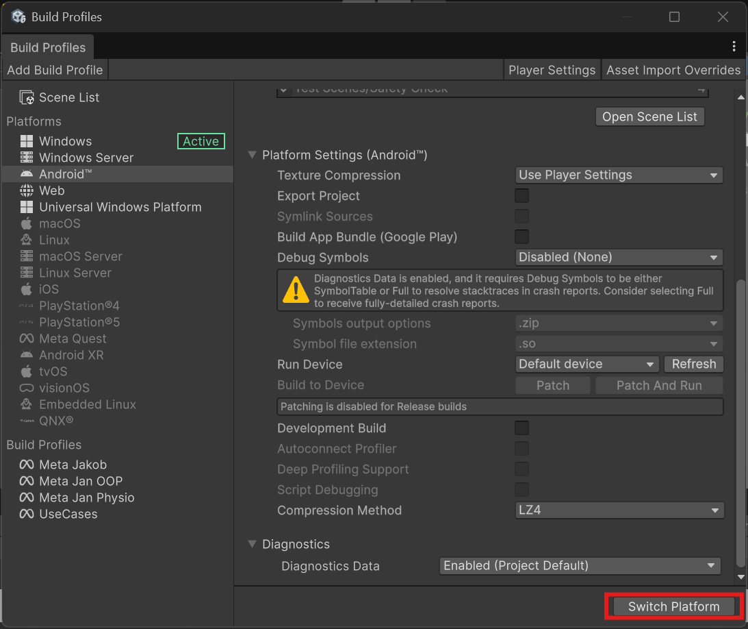 The Android settings in the Build Profiles window, with the Switch Platform button highlighted