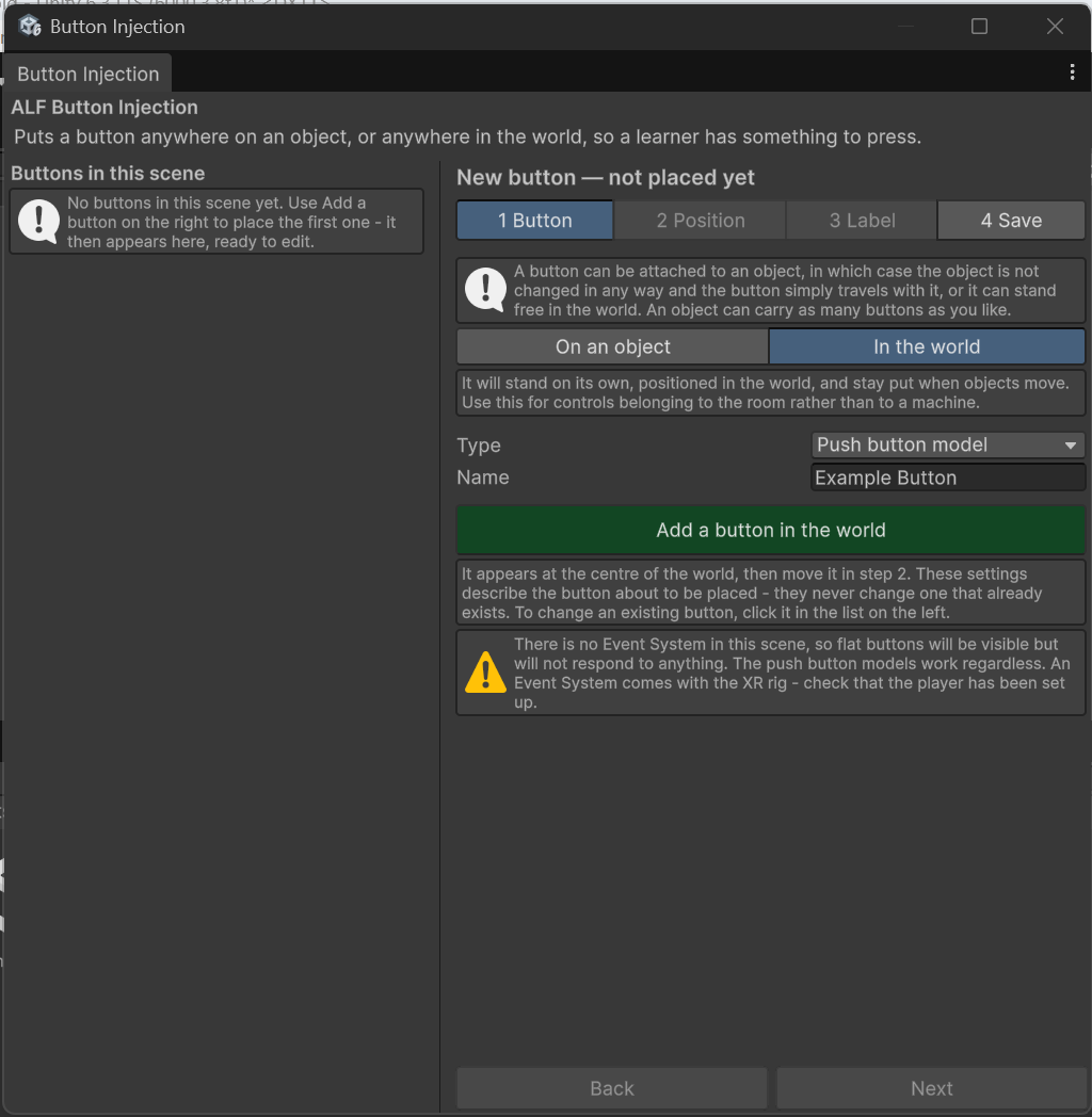 The Button Injection window, ready to add a new button