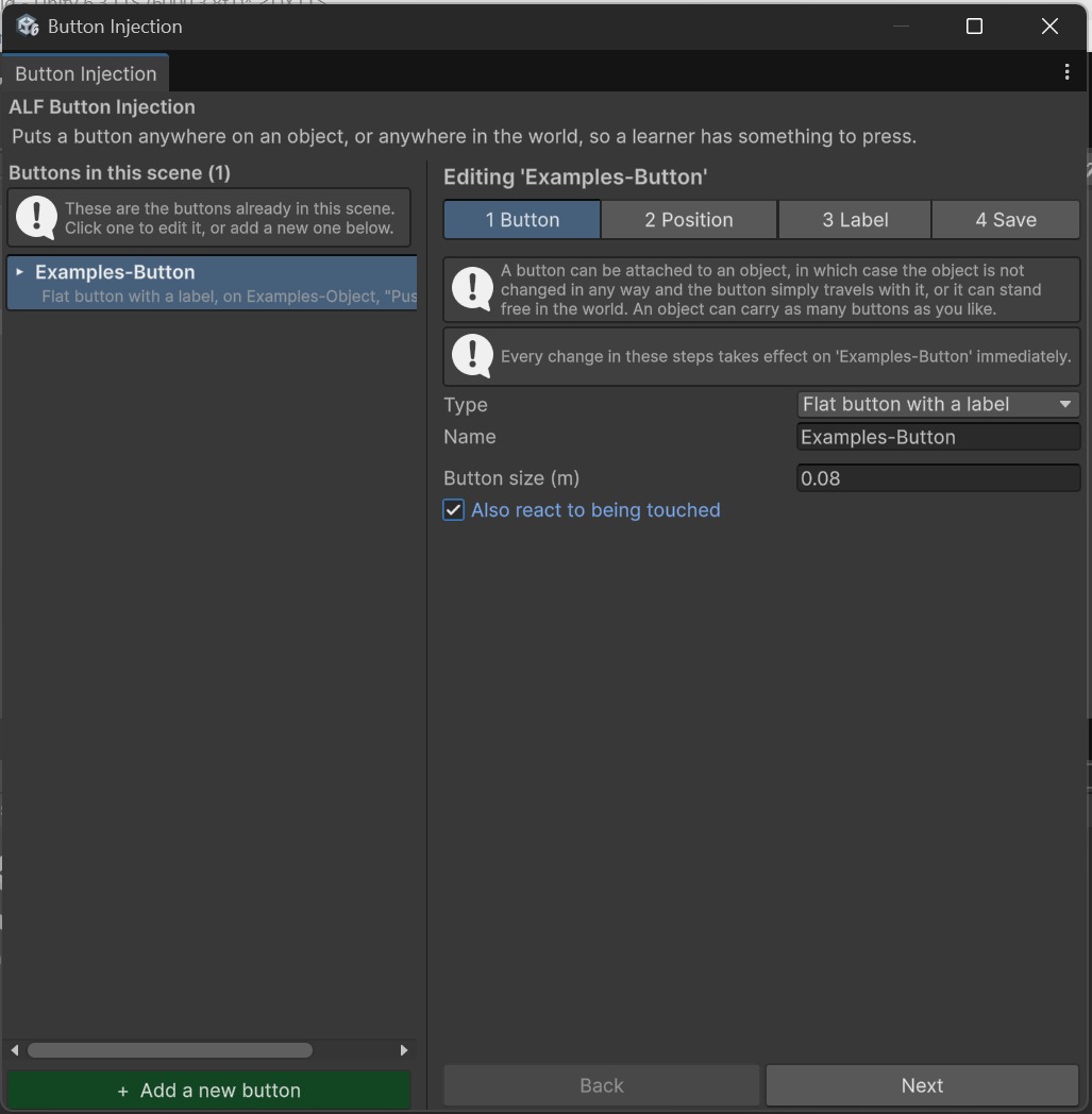 Step 1 Button with Also react to being touched ticked