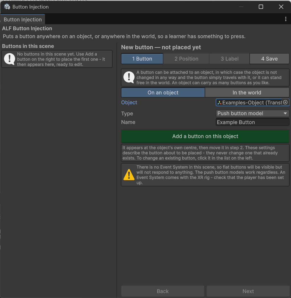 Step 1 Button with On an object selected