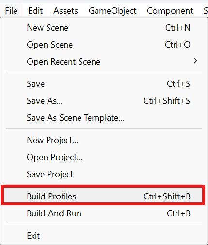 The File menu with Build Profiles highlighted