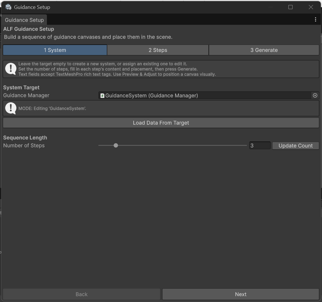Tab 1 System in editing mode, with Load Data From Target