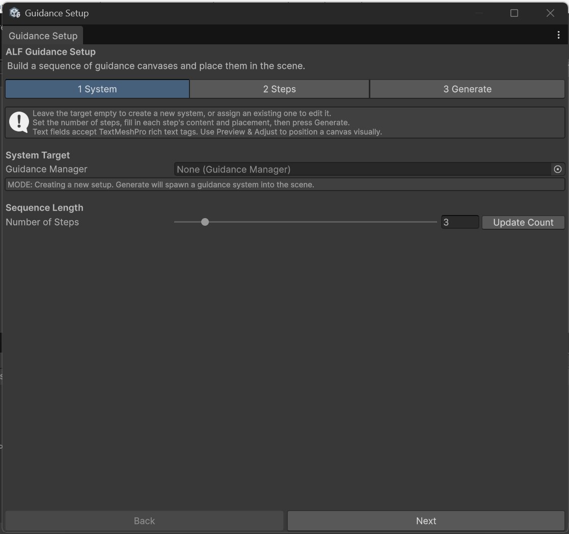 Guidance Setup, tab 1 System, creating a new setup