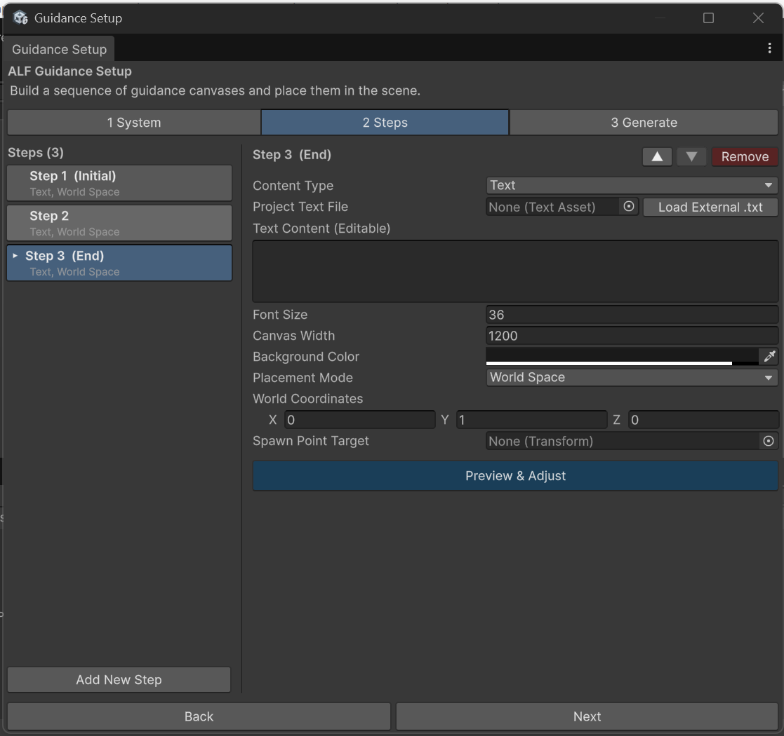Guidance Setup, tab 2 Steps