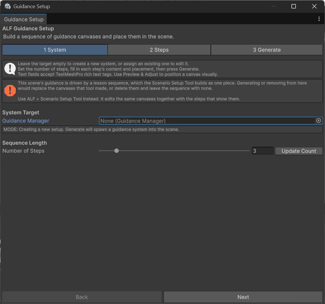 Guidance Setup warning that the scene's panels belong to a scenario