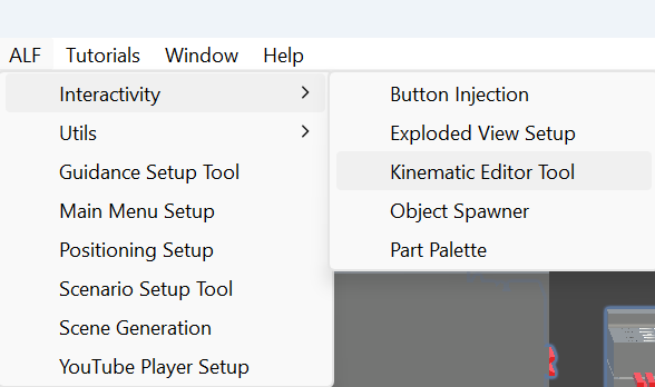 ALF > Interactivity menu with Kinematic Editor Tool highlighted