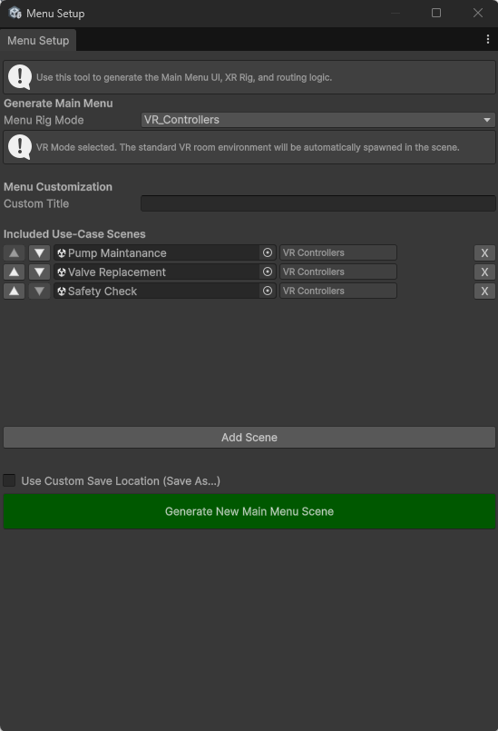 Main Menu Setup window with three lessons added