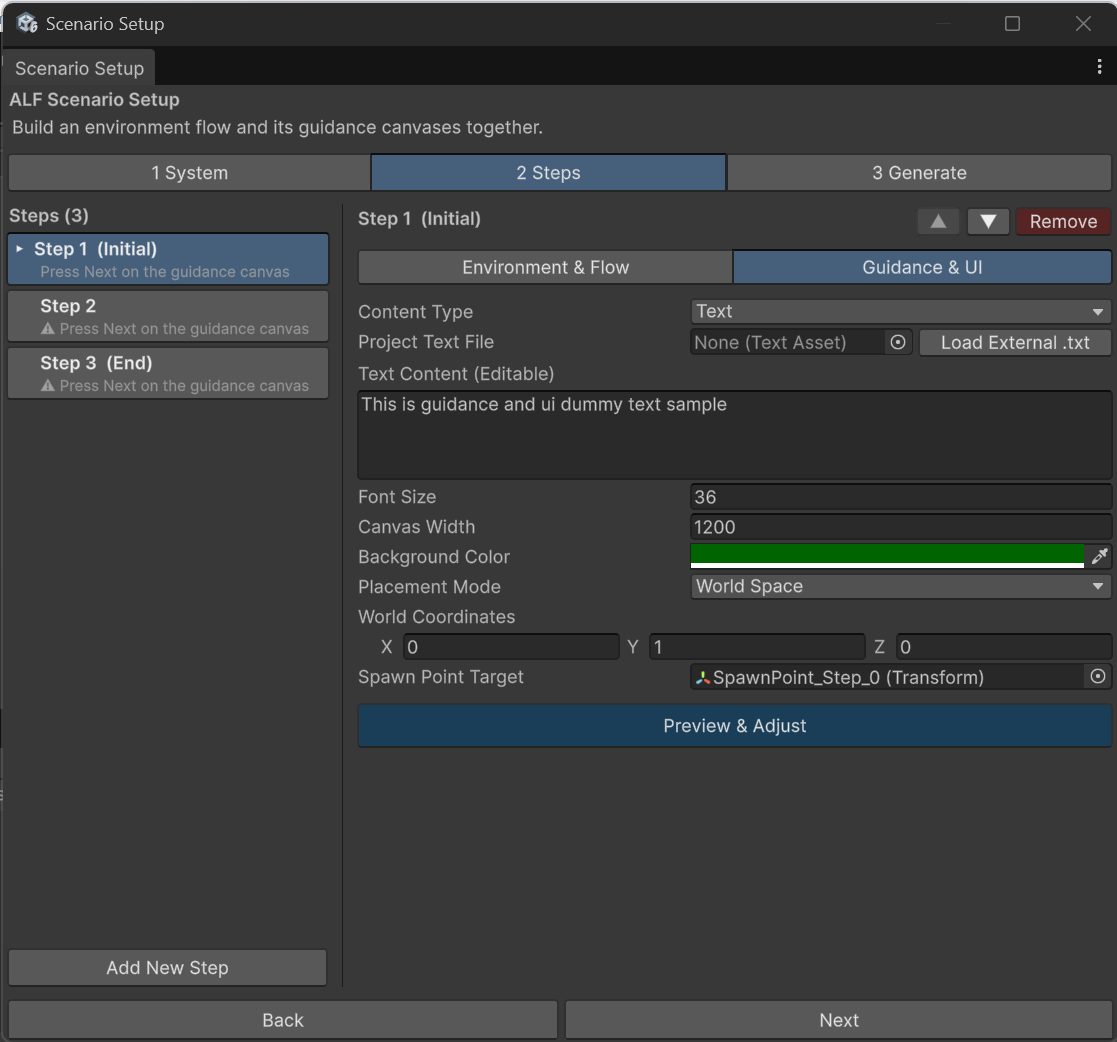 Scenario Setup, Guidance &amp; UI half of a step