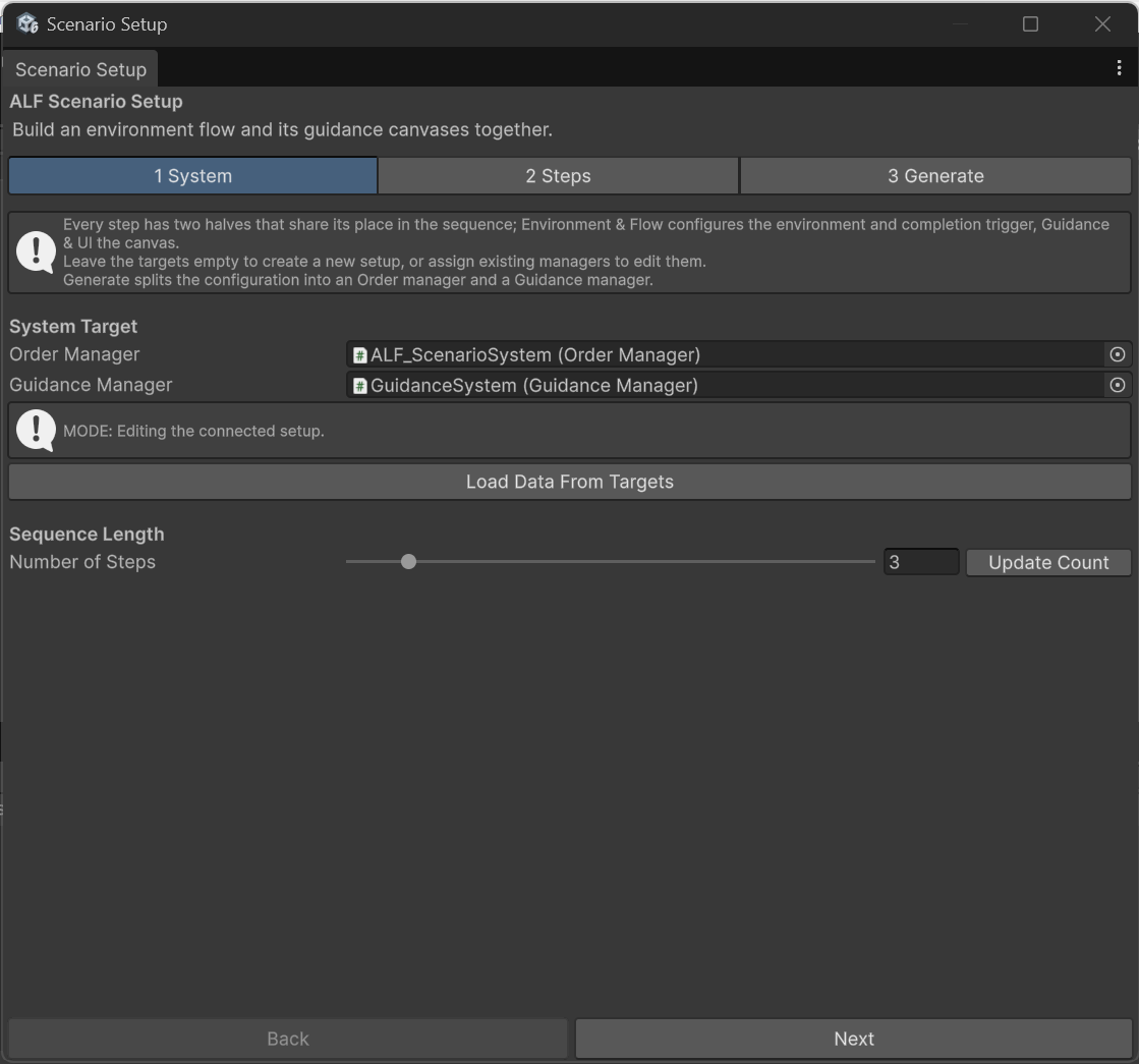 Tab 1 System in editing mode, with Load Data From Targets