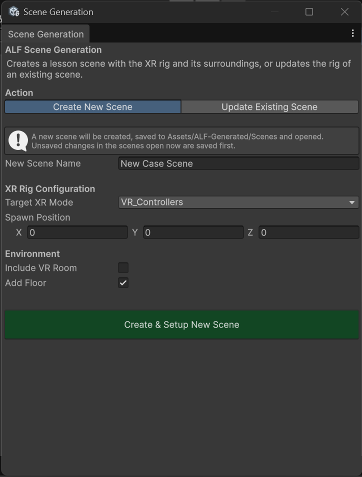 Scene Generation window, Create New Scene tab