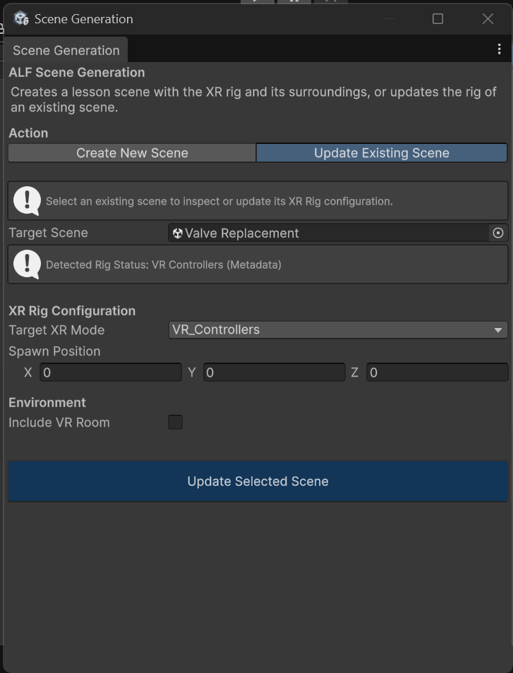 Scene Generation window, Update Existing Scene tab