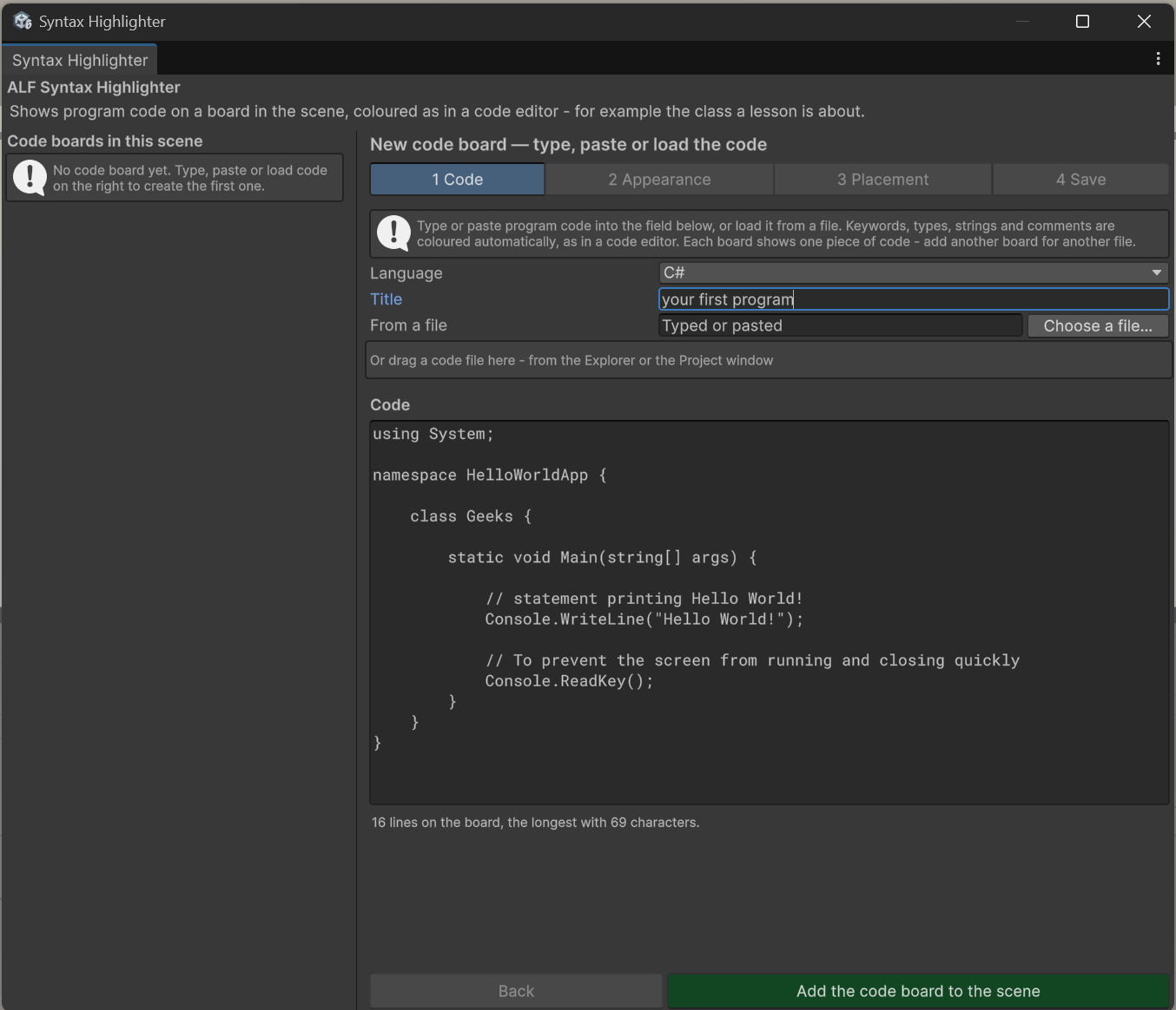 Syntax Highlighter, step 1 Code, with pasted C# code