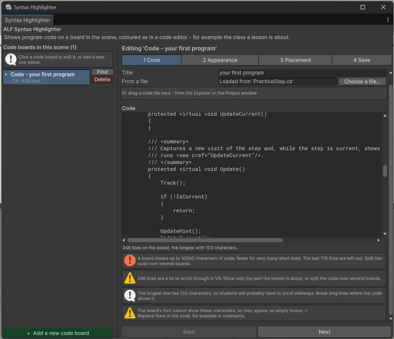 Syntax Highlighter with notes about a long file under the code