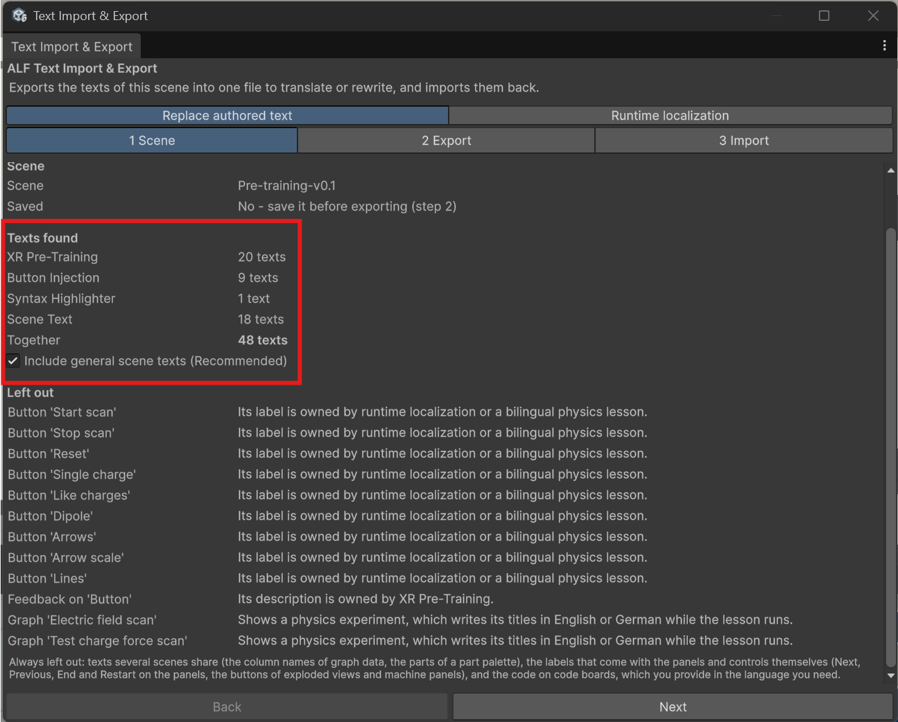 Step 1 Scene with the texts found per tool
