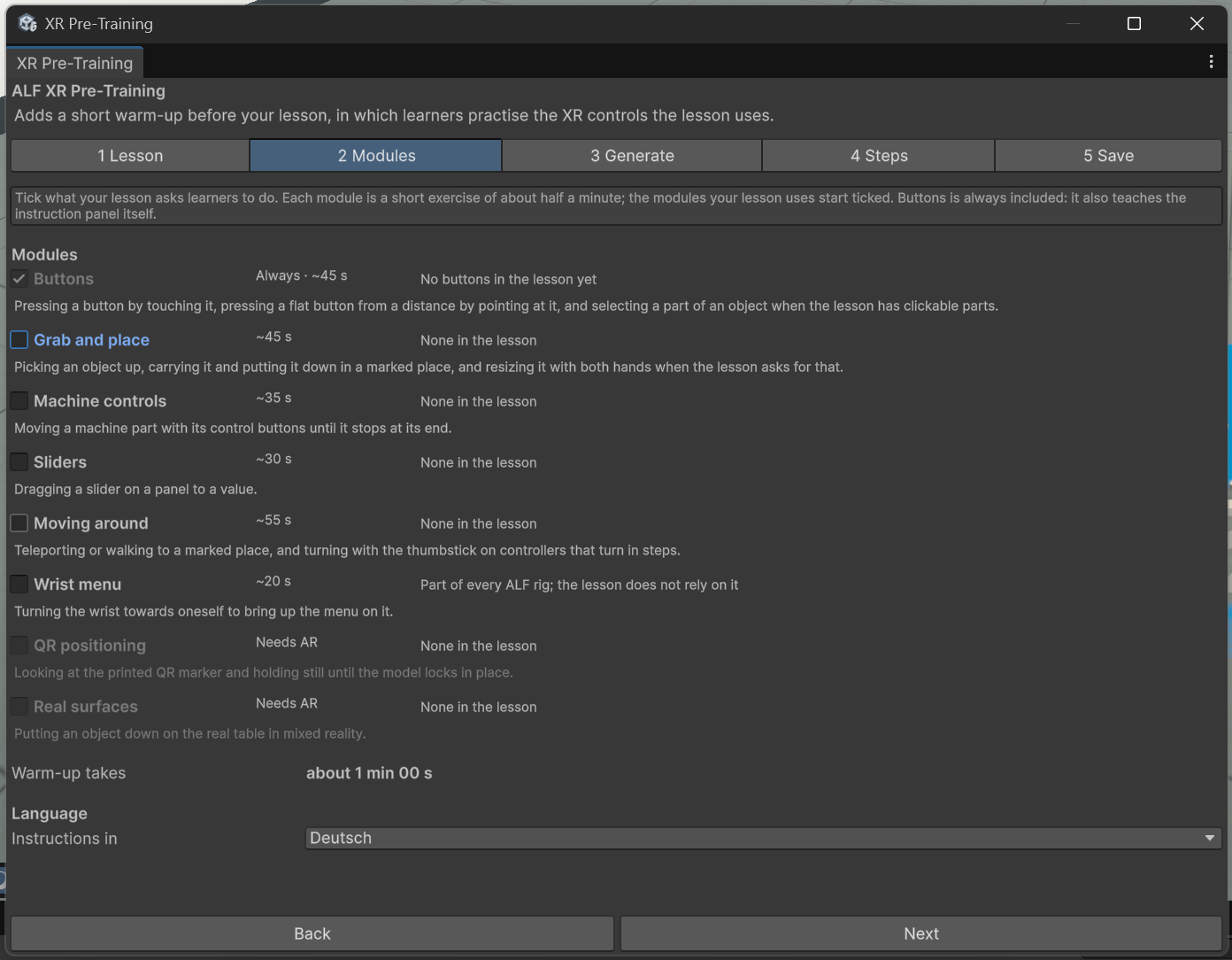 Step 2 Modules with the ticked exercises and the estimated length