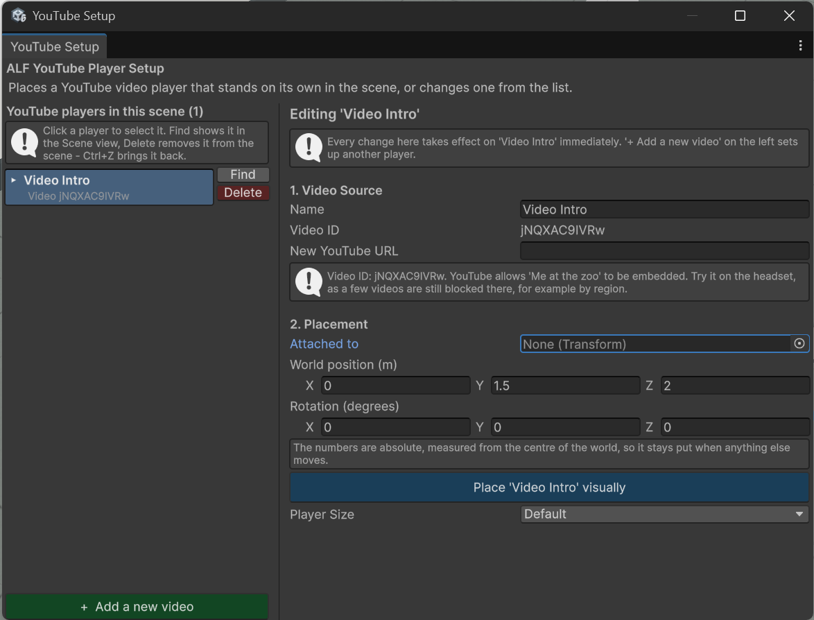 YouTube Player Setup with a screen selected and the Editing form