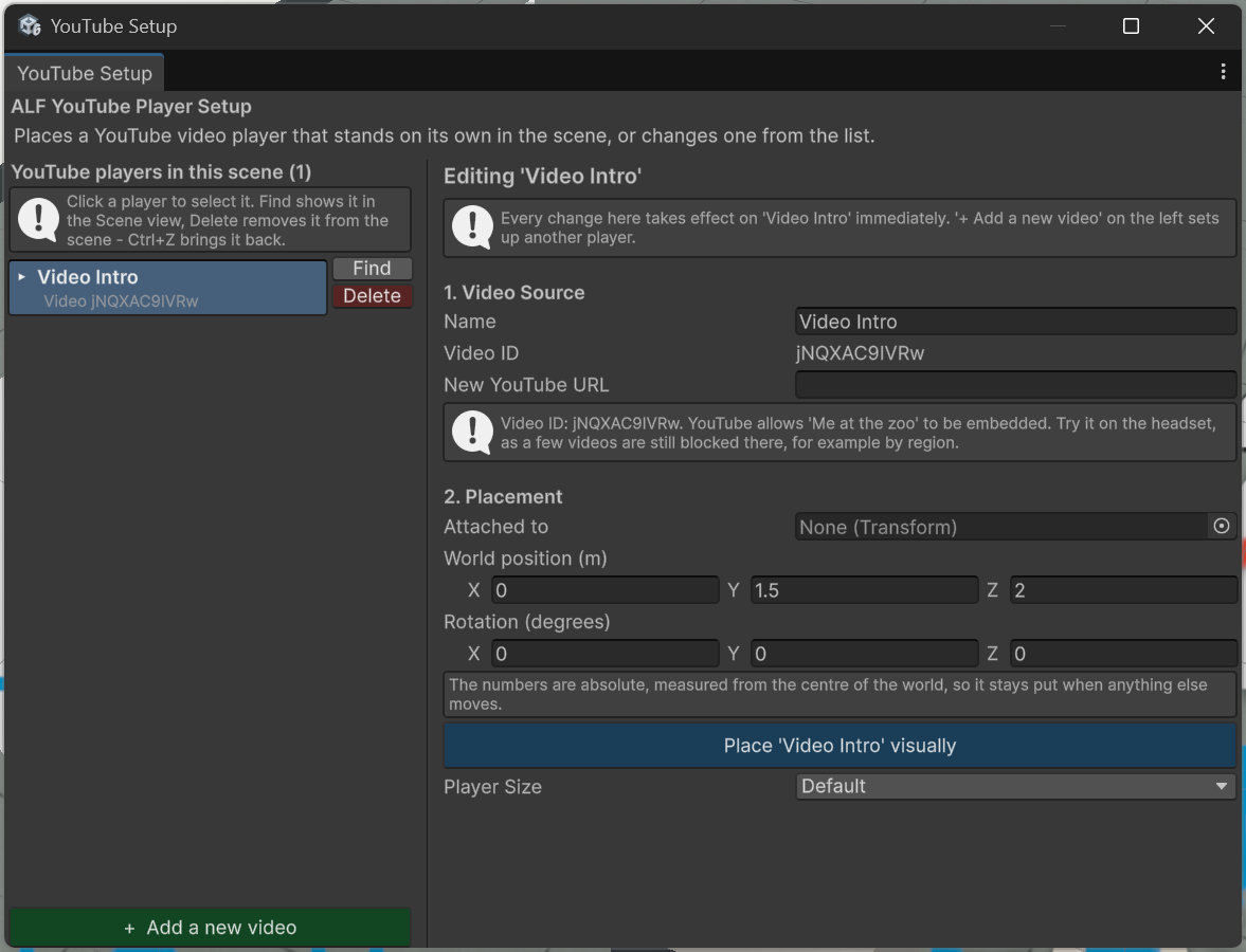 YouTube Player Setup with a link pasted, the video ID and the video check